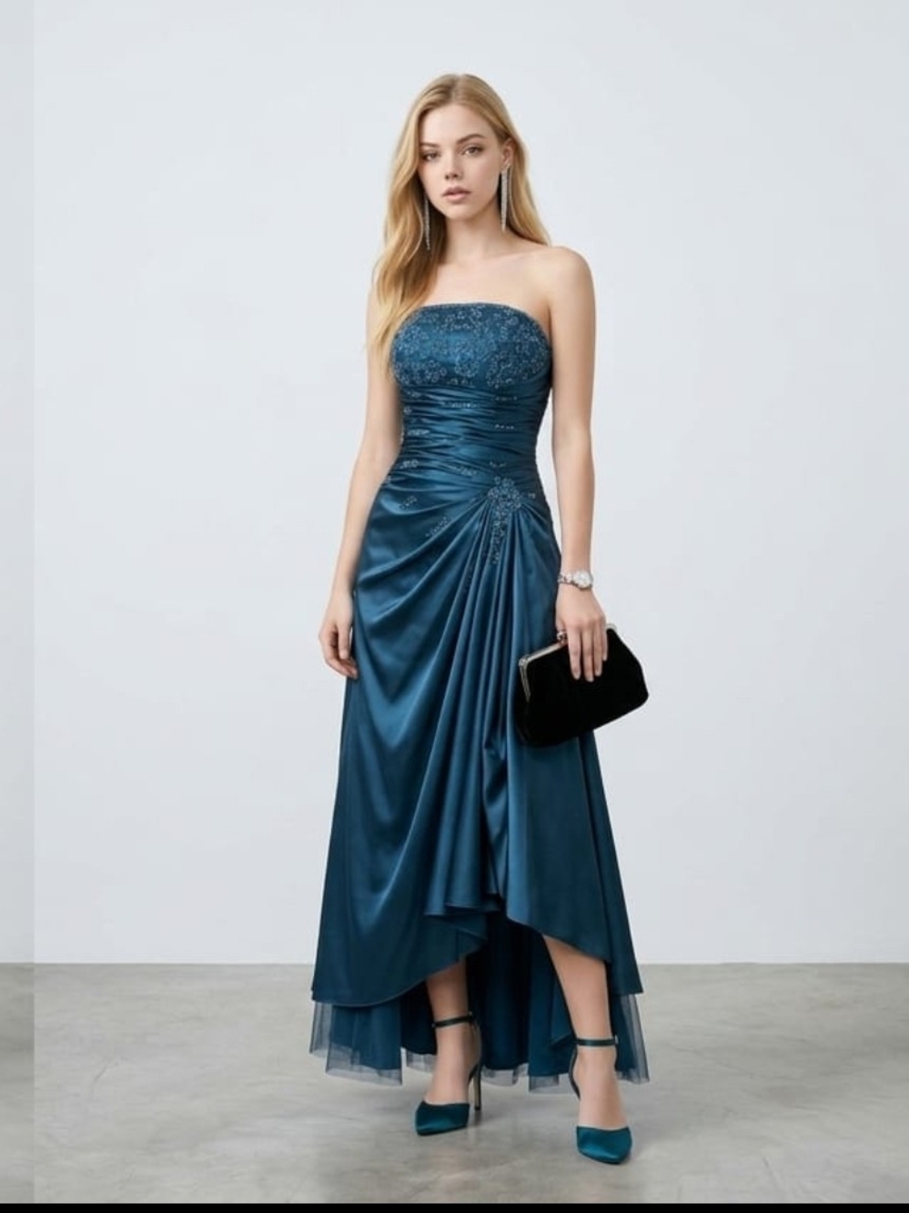 Strapless Teal Satin  Evening Dress.